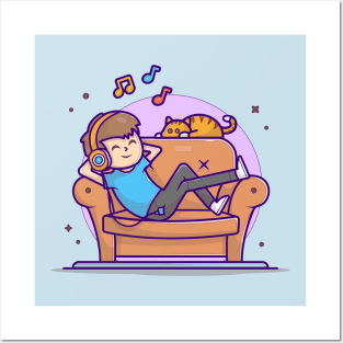 Happy Boy Listening Music On Sofa with Cute Cat, Tune, and Notes of Music Cartoon Vector Icon Illustration Posters and Art